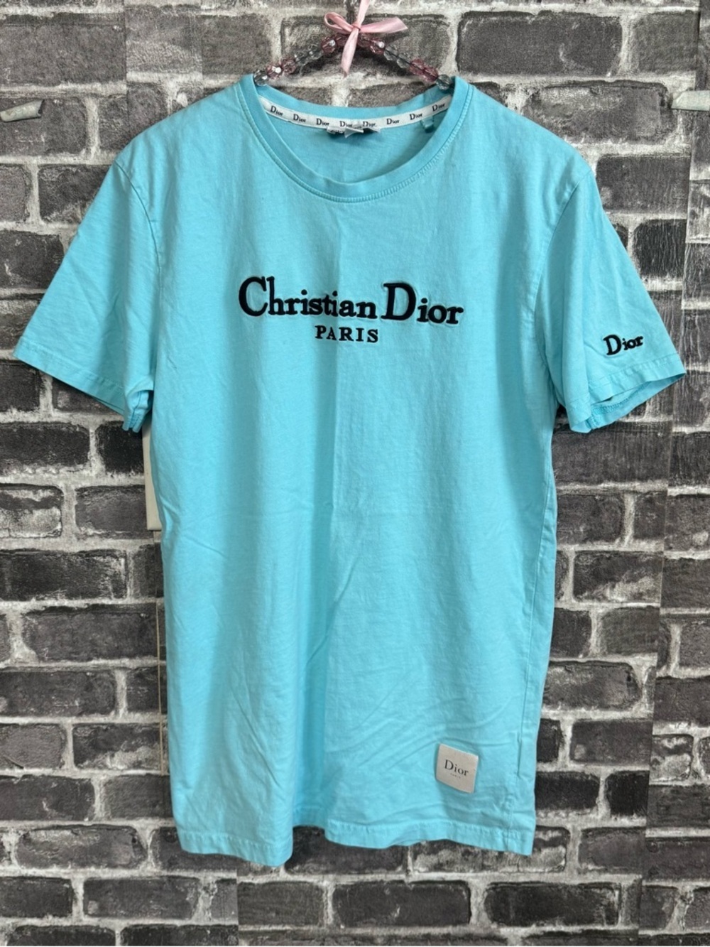 Christian Dior graphic short sleeve tee shirt top Tiffany blue embroidered black